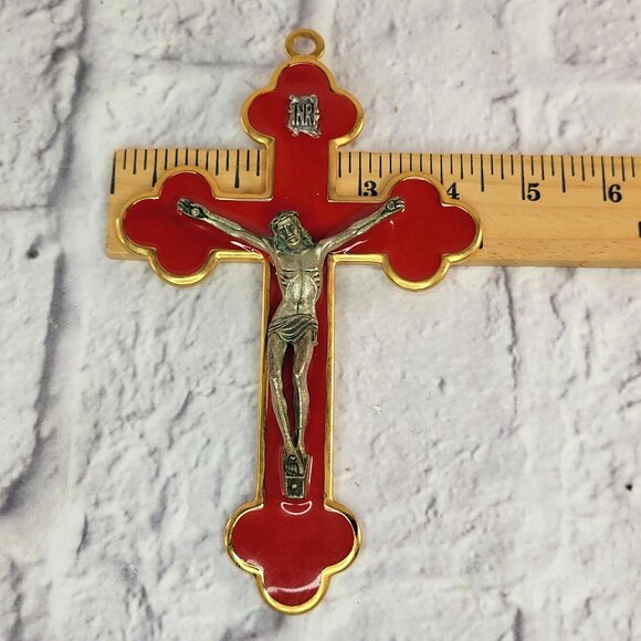 Gold Metal & Red Enamel Crucifix Jesus Wall Figure INRI Inscription 7x4.5" Italy - Picture 6 of 9